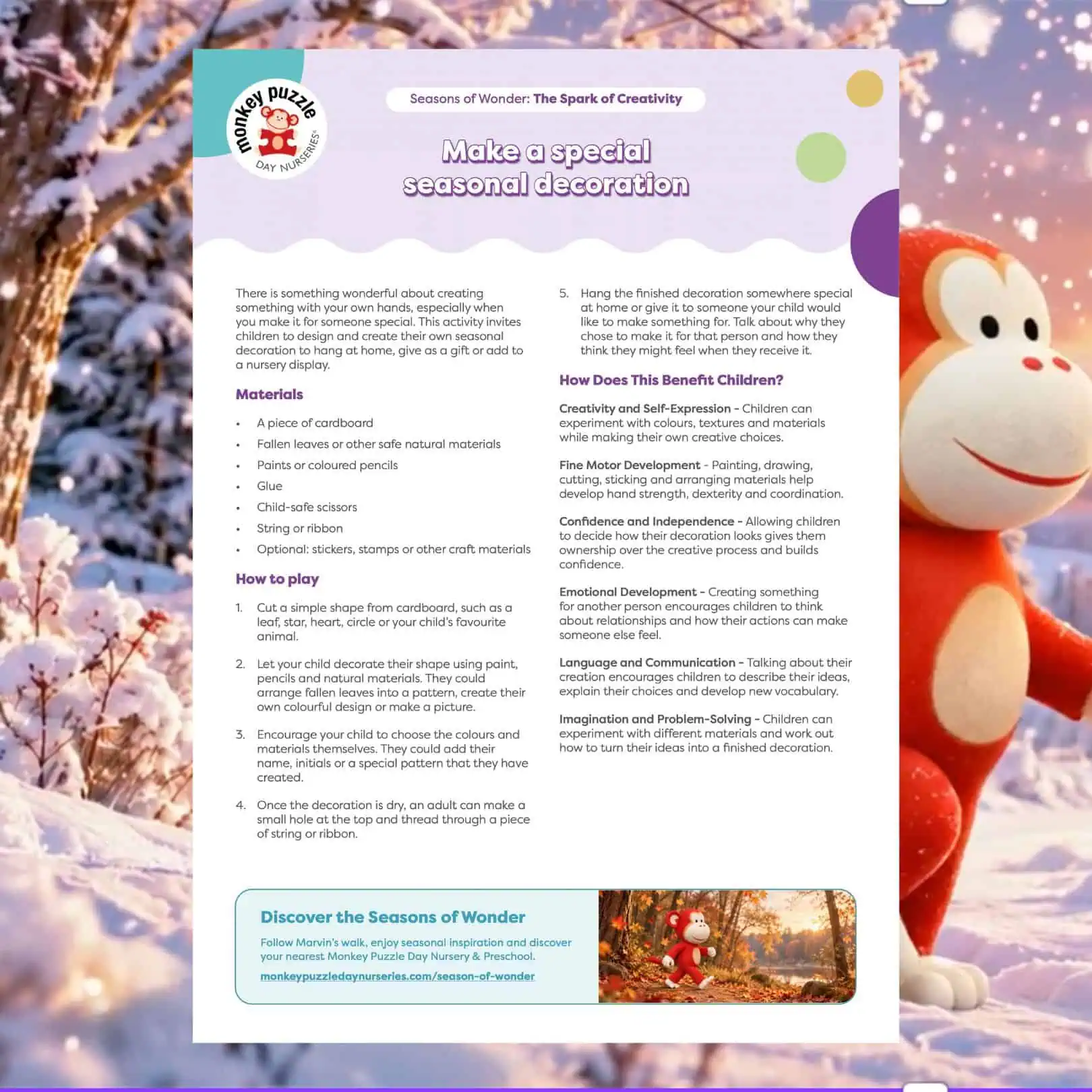 Festive winter decoration at Monkey Puzzle Day Nurseries with a snowman and seasonal ornaments.