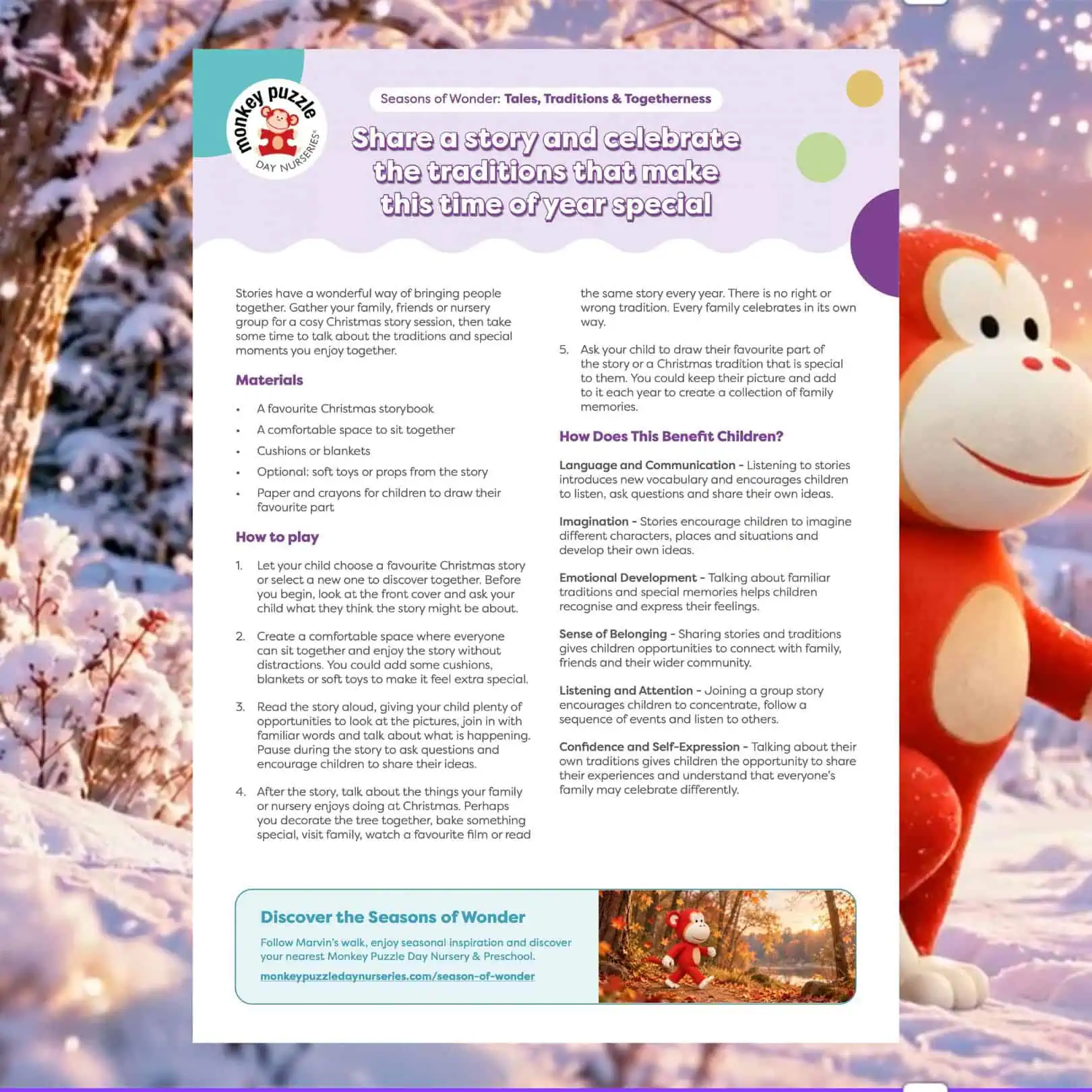 Festive winter scene at Monkey Puzzle Day Nurseries featuring a snowman and holiday decorations.