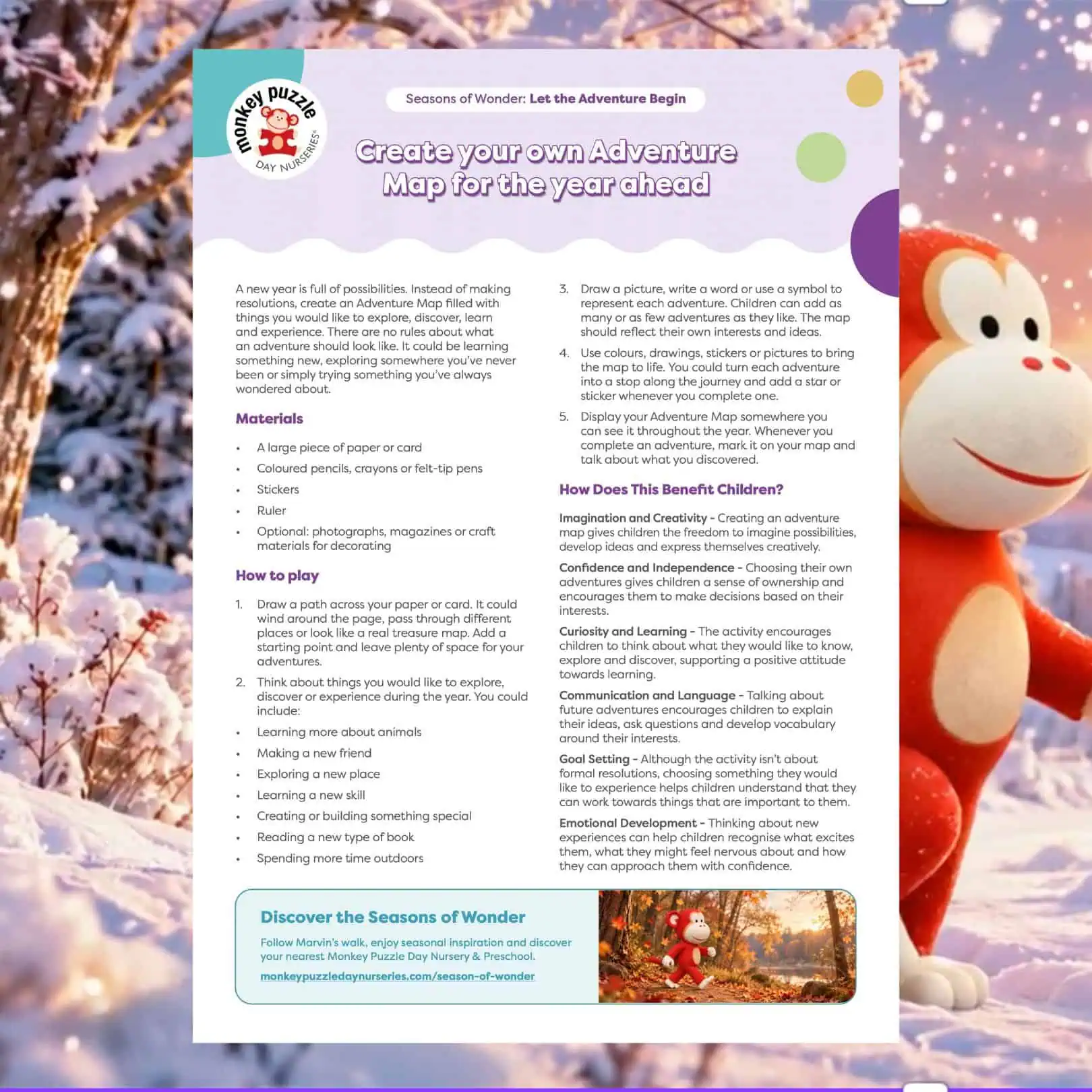 Colorful winter scene with a snowman and a snowy landscape, promoting creativity and adventure for children at Monkey Puzzle Day Nurseries.