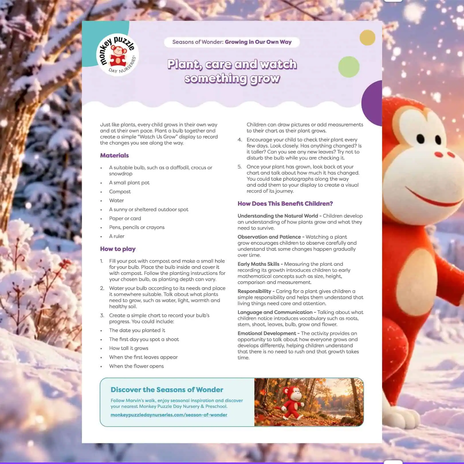 Colorful nursery poster with snowman and winter theme, promoting plant care and growth activities for children at Monkey Puzzle Day Nurseries.