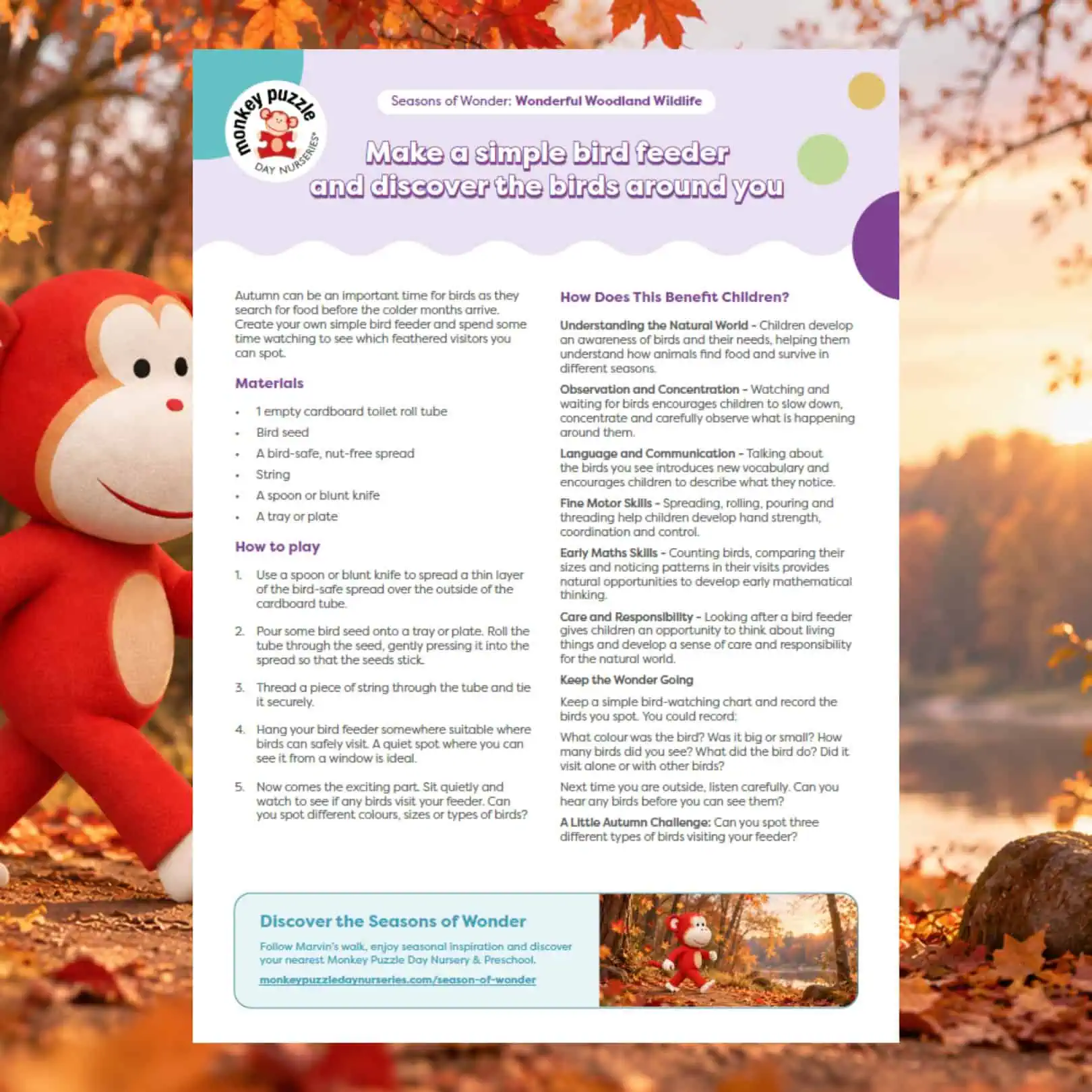 Colorful bird feeder craft activity for children at Monkey Puzzle Day Nurseries, encouraging outdoor exploration and learning about birds.